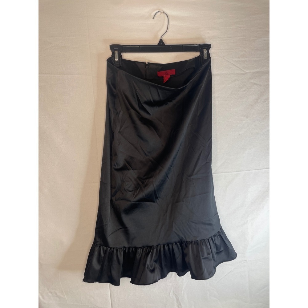 JS Collections Black Satin Ruffle Back Midi Skirt Size 4 Made in Canada